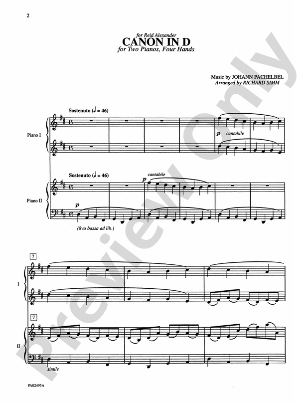 Canon in D - 2 Pianos, 4 Hands (Digital Download)