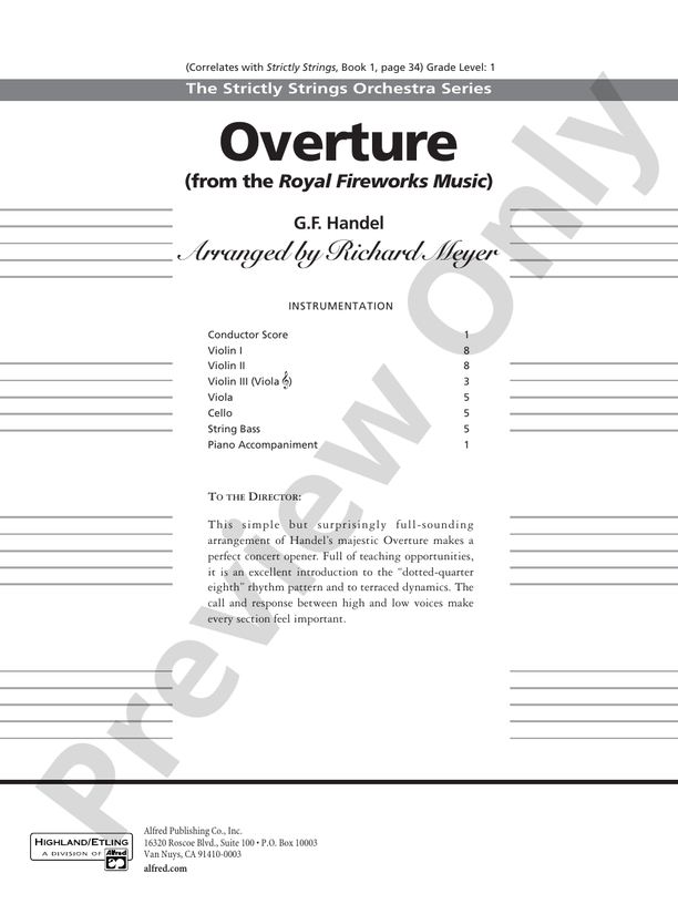 Overture from the "Royal Fireworks Music" – String Orchestra Conductor Score & Parts (Digital Download)