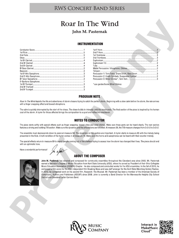 Roar in the Wind - Concert Band Conductor Score & Parts (Digital Download)