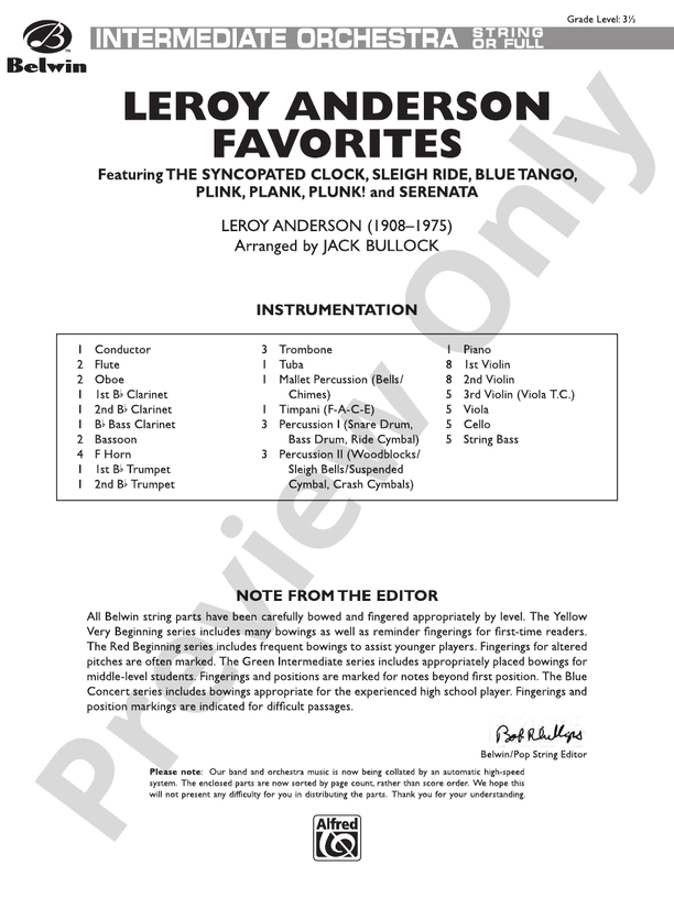 Leroy Anderson Favorites – Full Orchestra Conductor Score & Parts (Digital Download)