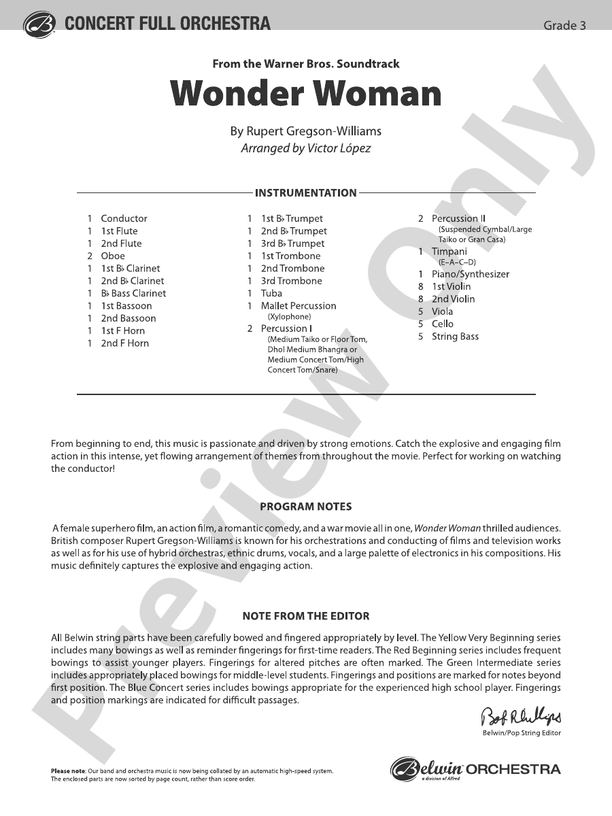 Wonder Woman: From the Warner Bros. Soundtrack – Full Orchestra Conductor Score & Parts (Digital Download)