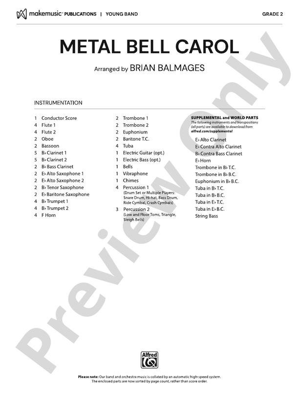 Metal Bell Carol - Concert Band Conductor Score & Parts(Digital Download)