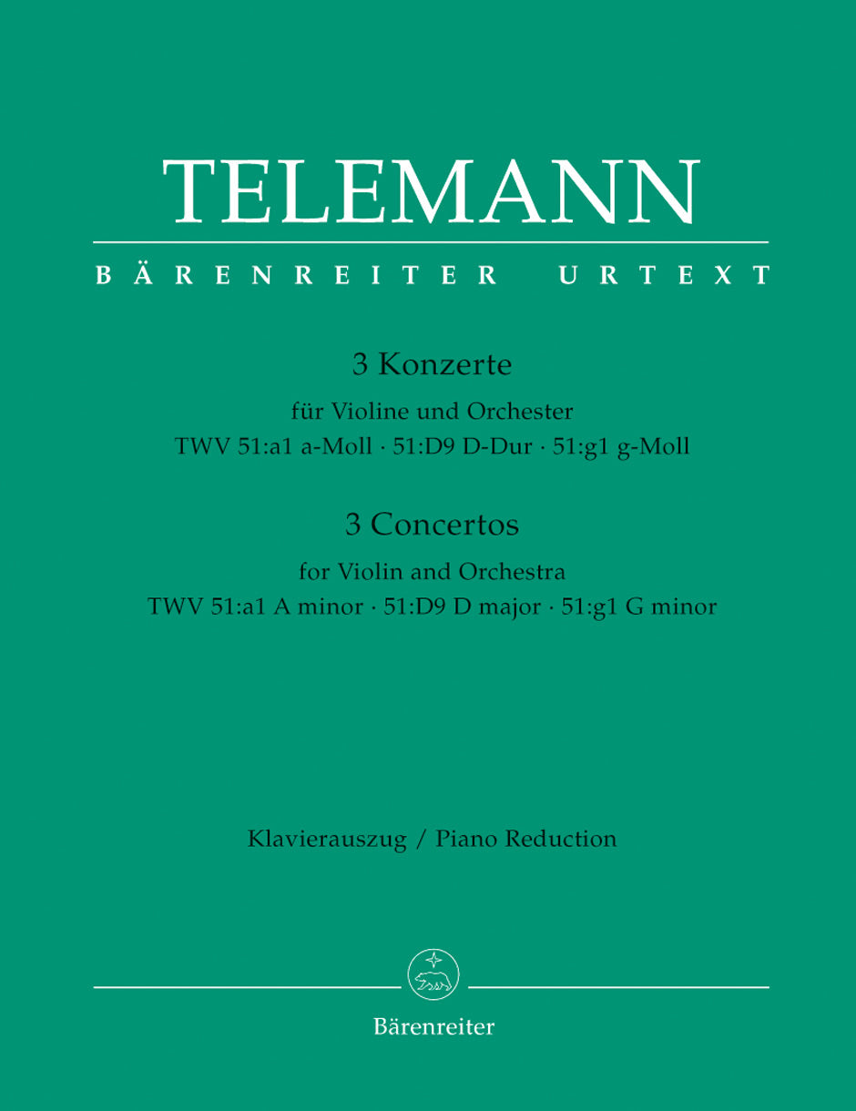 Telemann Three Violin Concertos Violin/Piano