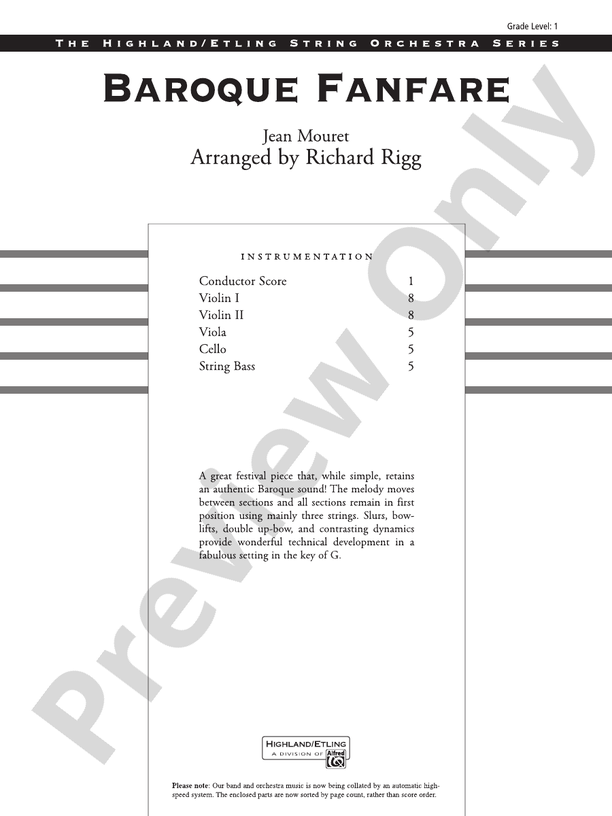 Baroque Fanfare – String Orchestra Conductor Score & Parts (Digital Download)