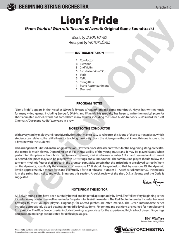 Lion’s Pride (from World of Warcraft: Taverns of Azeroth Original Game Soundtrack) – String Orchestra Conductor Score & Parts (Digital Download)