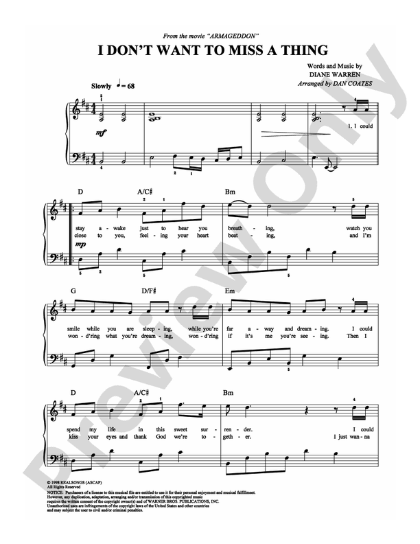 I Don't Want To Miss a Thing - Arr. Dan Coates - Easy Piano (Digital Download)
