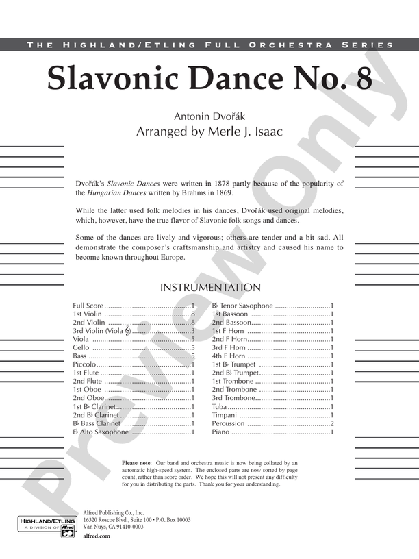 Slavonic Dance No. 8 – Full Orchestra Conductor Score & Parts (Digital Download)