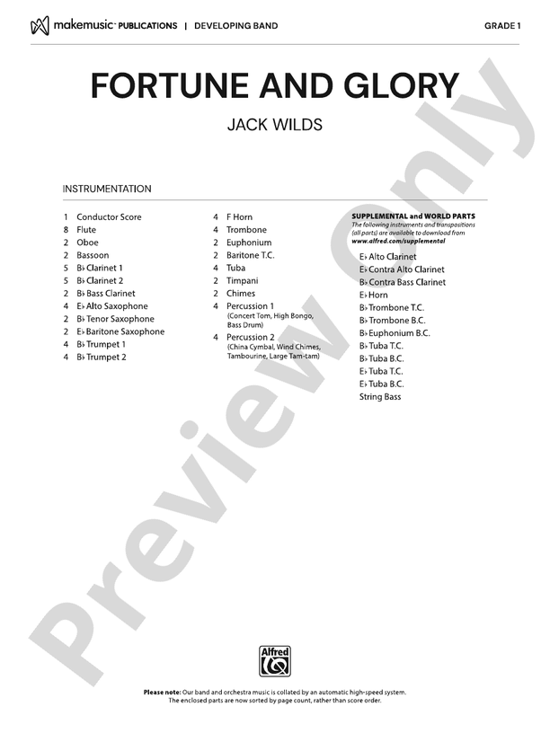 Fortune and Glory – Concert Band Conductor Score & Parts (Digital Download)