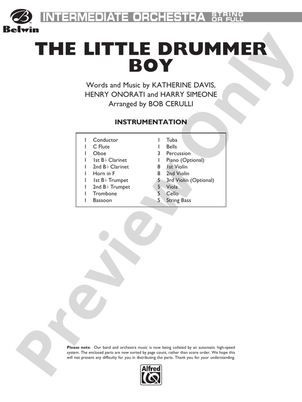 The Little Drummer Boy – Full Orchestra Conductor Score & Parts (Digital Download)