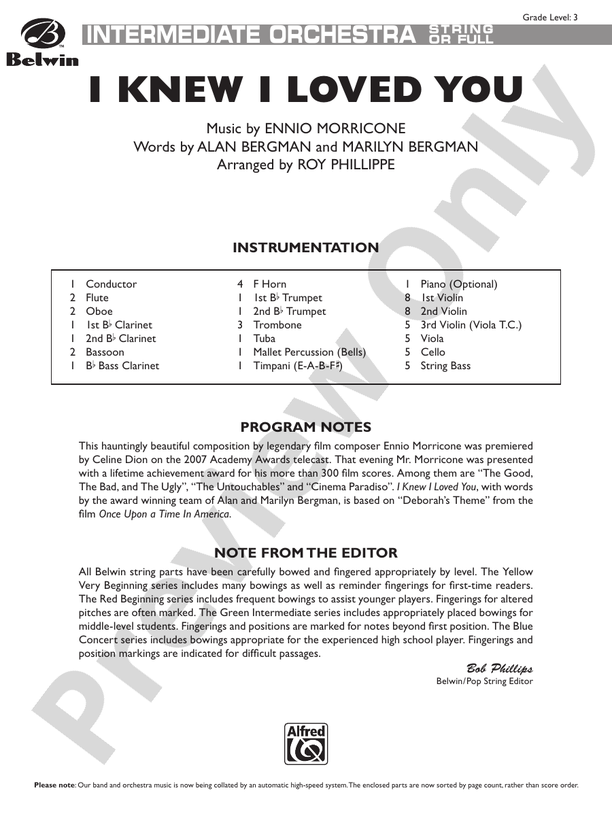 I Knew I Loved You – Full Orchestra Conductor Score & Parts (Digital Download)