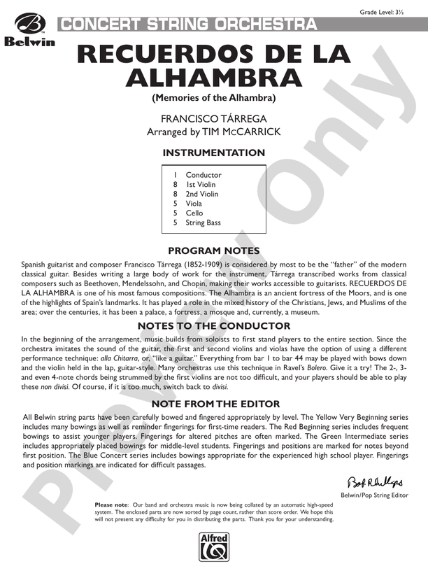 Recuerdos de la Alhambra – String Orchestra Conductor Score & Parts (Digital Download)