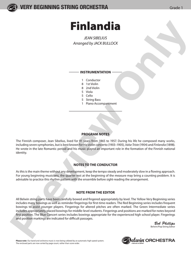Finlandia (Grade 1) – Belwin Very Beginning String Orchestra Conductor Score & Parts (Digital Download)