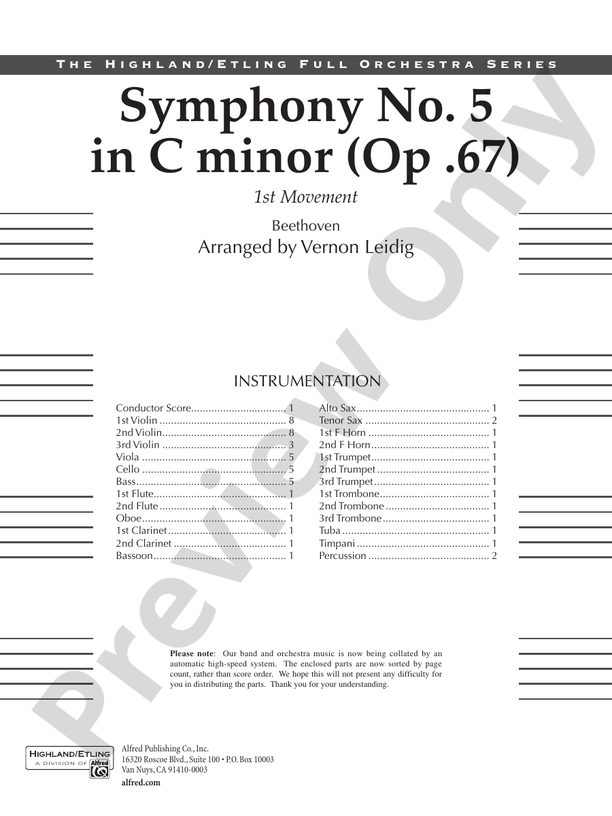 Beethoven's Symphony No. 5, 1st Movement – Full Orchestra Conductor Score & Parts (Digital Download)