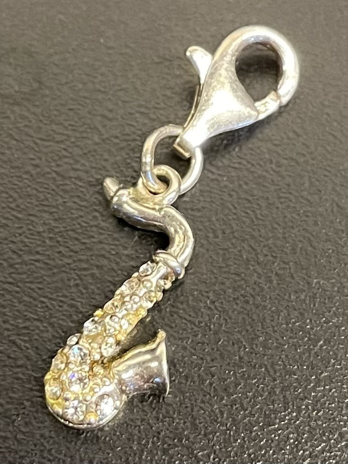 Sterling Silver Saxophone Charm with Crystals. Clip on.