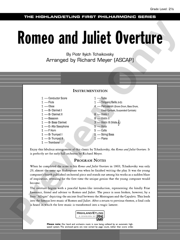 Romeo and Juliet Overture – Highland/Etling Full Orchestra Conductor Score & Parts (Digital Download)