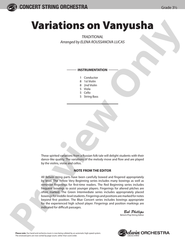 Variations on Vanyusha – String Orchestra Conductor Score & Parts (Digital Download)