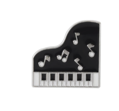 Enamel Pin or Brooch Black Grand Piano with Silver Notes