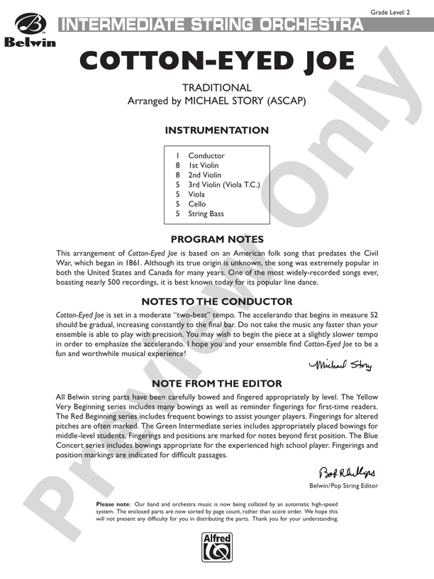Cotton-Eyed Joe – String Orchestra Conductor Score & Parts (Digital Download)