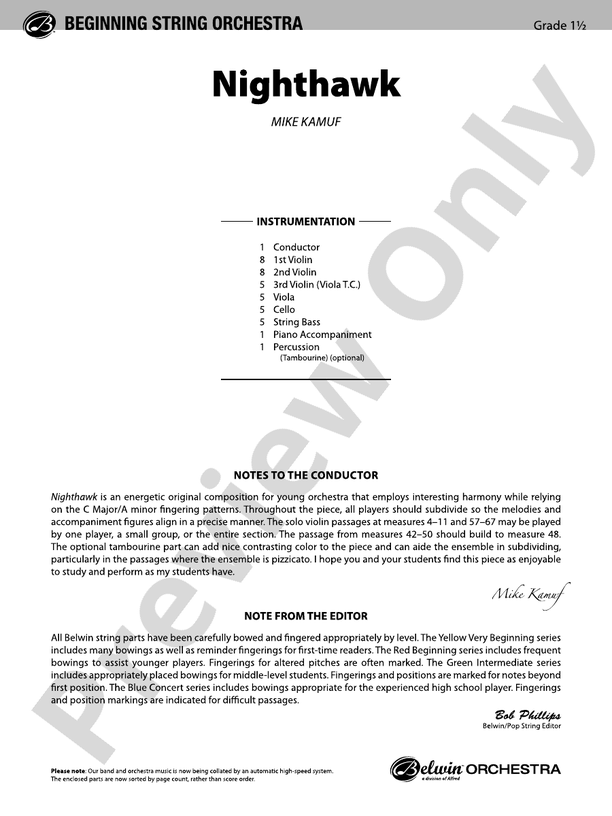 Nighthawk – String Orchestra Conductor Score & Parts (Digital Download)