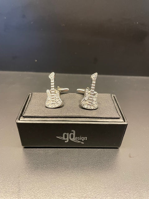 Silver Electric Guitar Cufflinks with Crystals.