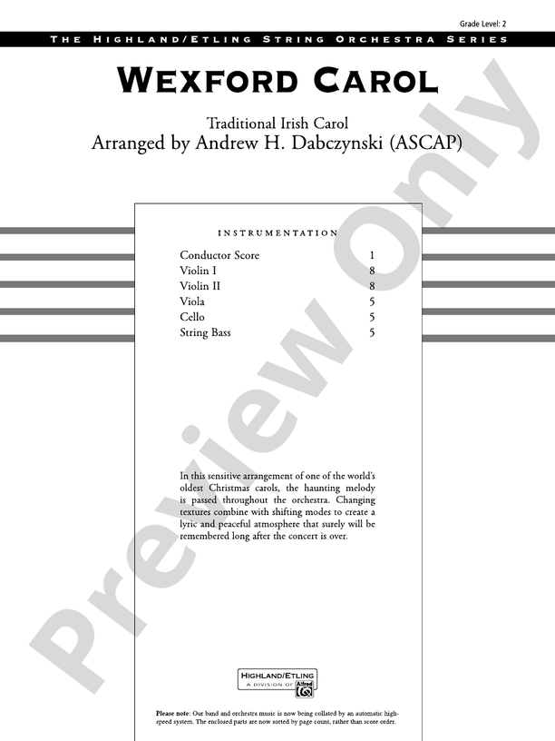 Wexford Carol – String Orchestra Conductor Score & Parts (Digital Download)