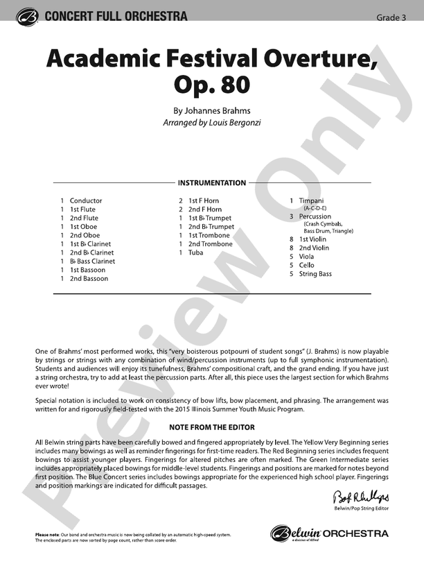 Academic Festival Overture, Op. 80 – Full Orchestra Conductor Score & Parts (Digital Download)