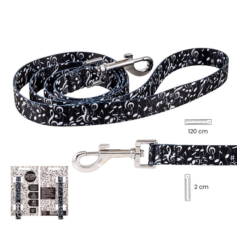 Dog Lead Black with White Notes and Clefs 2cm Wide