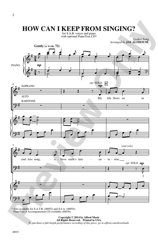 How Can I Keep from Singing? - Arr. Jay Althouse – SAB (Digital Download)