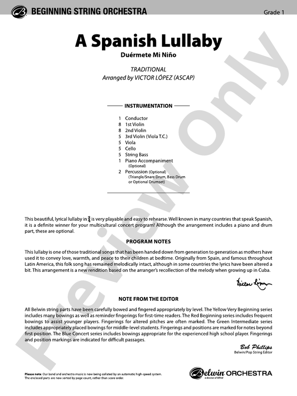 A Spanish Lullaby – String Orchestra Conductor Score & Parts (Digital Download)