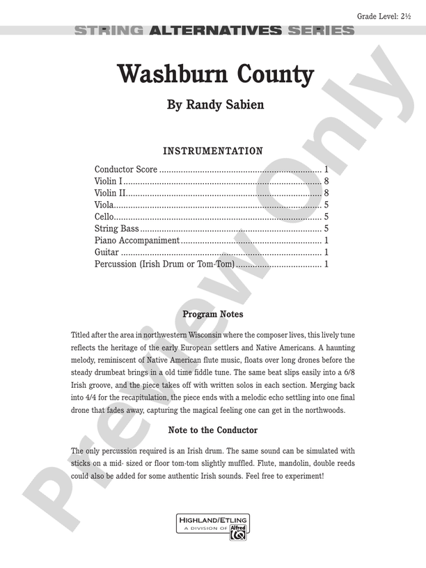 Washburn County – String Orchestra Conductor Score & Parts (Digital Download)