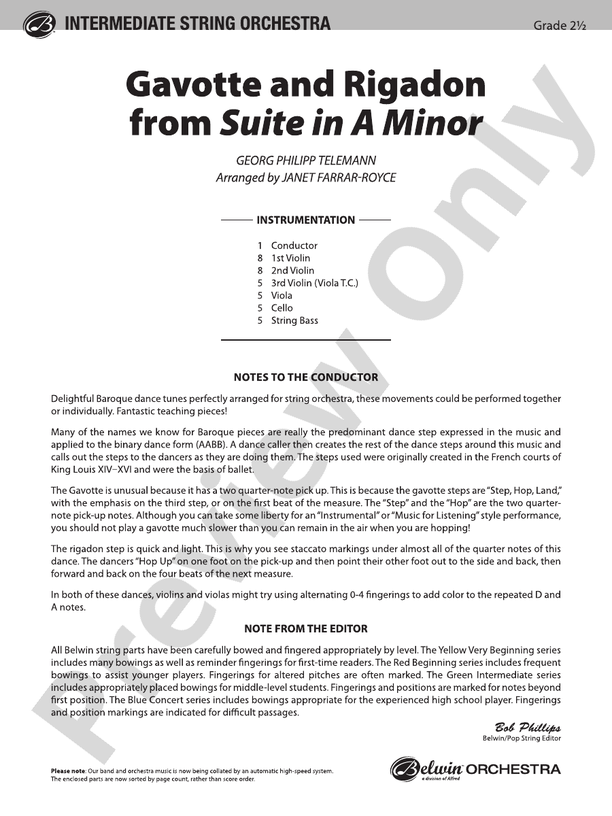 "Gavotte" and "Rigadon" from Suite in A Minor – String Orchestra Conductor Score & Parts (Digital Download)