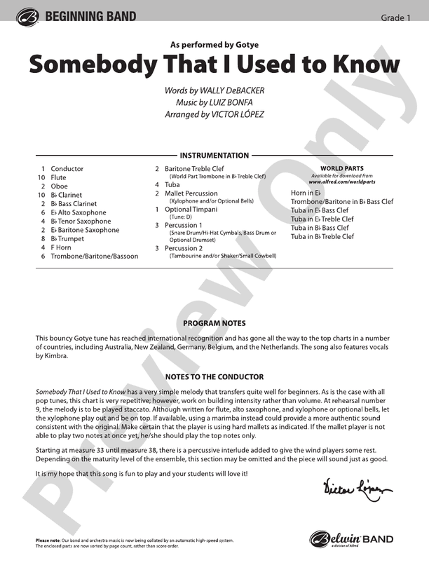 Somebody That I Used to Know - Concert Band Conductor Score & Parts (Digital Download)
