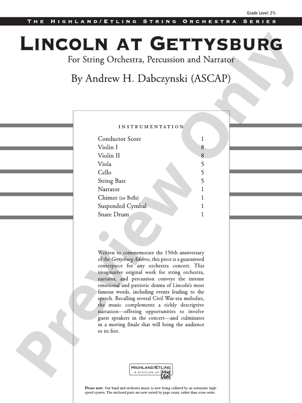 Lincoln at Gettysburg – String Orchestra Conductor Score & Parts (Digital Download)