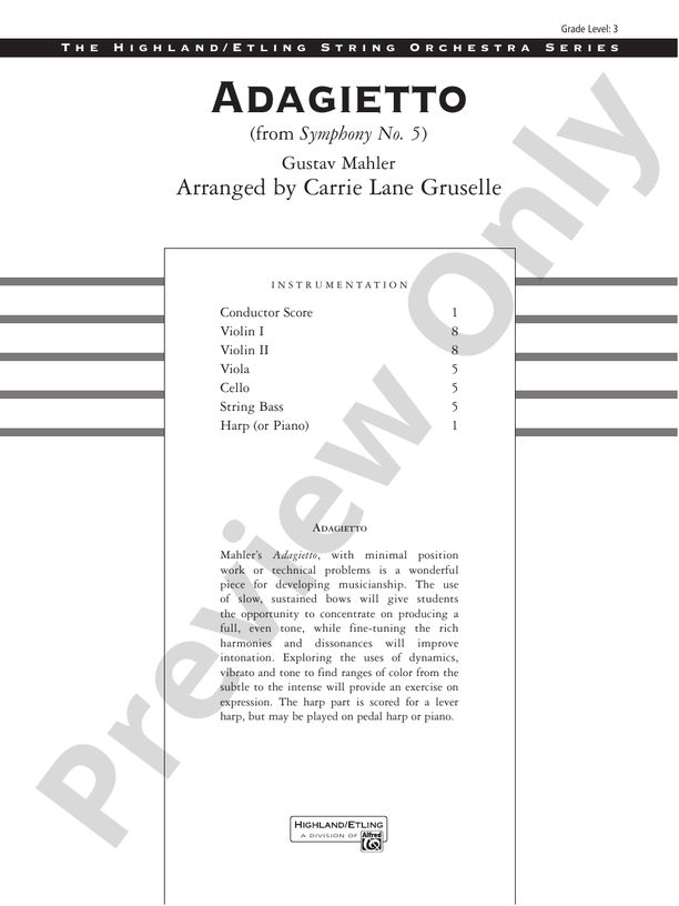 Adagietto from Symphony No. 5 – String Orchestra Conductor Score & Parts (Digital Download)