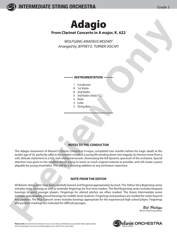 Adagio (from Clarinet Concerto in A Major, K. 622) – String Orchestra Conductor Score & Parts (Digital Download)