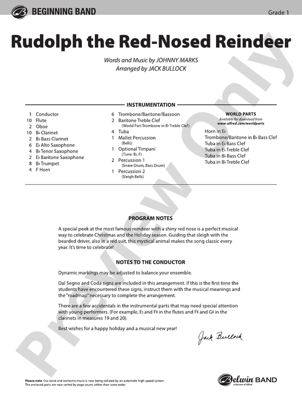 Rudolph the Red-Nosed Reindeer - Concert Band Conductor Score & Parts (Digital Download)