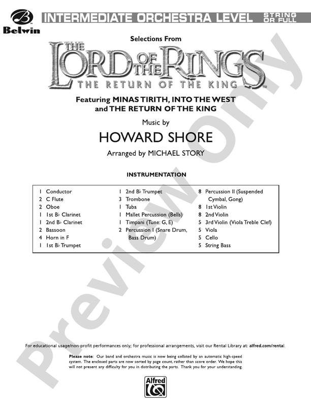 The Lord of the Rings: The Return of the King, Selections from – Full Orchestra Conductor Score & Parts (Digital Download)