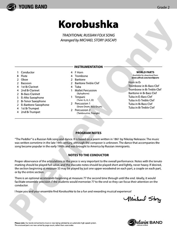Korobushka - Concert Band Conductor Score & Parts (Digital Download)