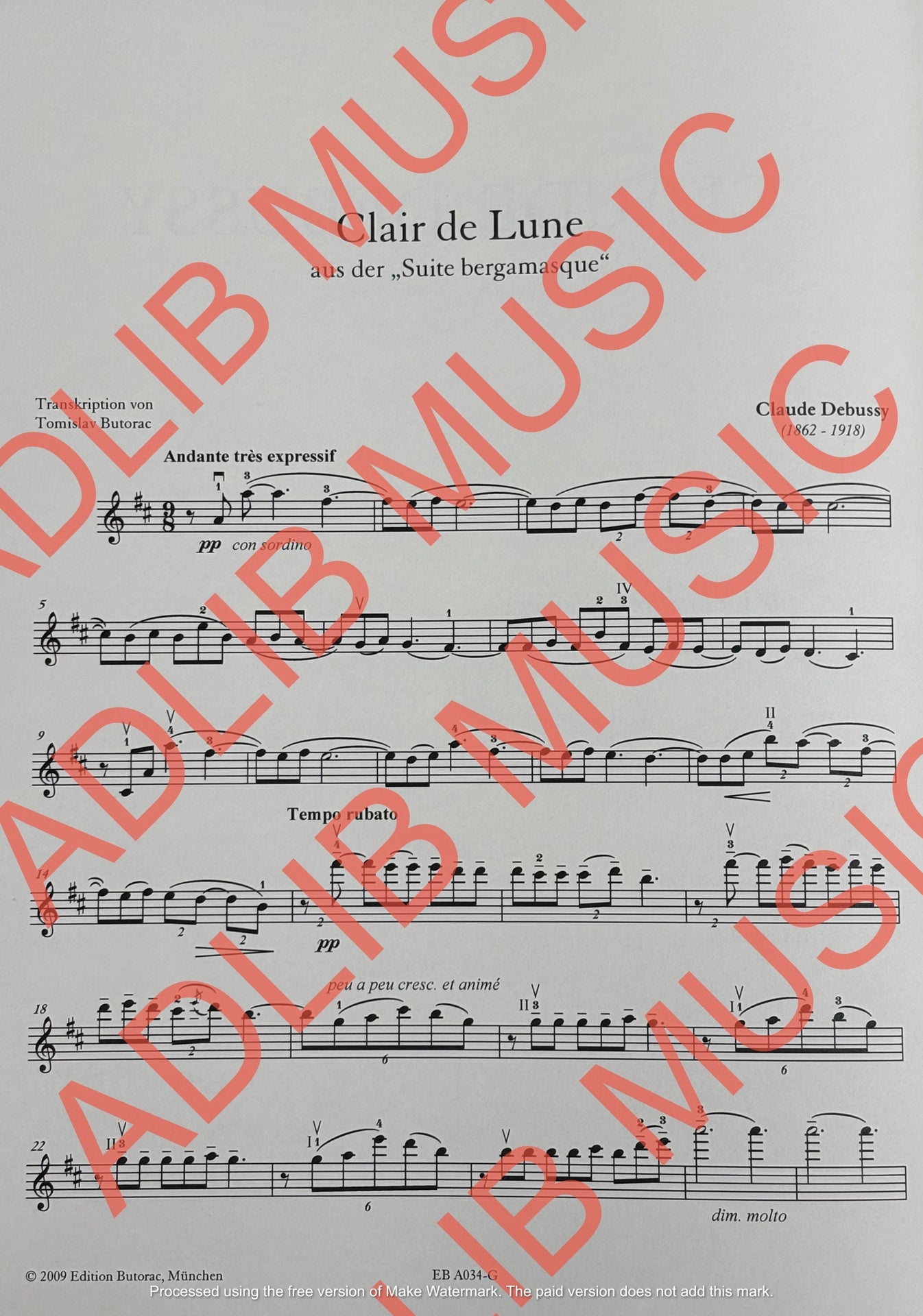 Debussy - Clair de Lune - Violin/Piano Accompaniment edited by Butorac Iceland EB091A034-G