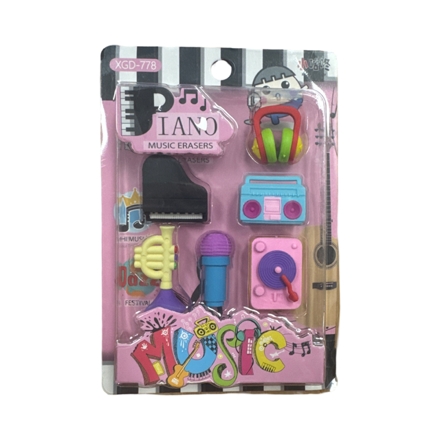 Box of Colourful Music Erasers with a Pink Turntable