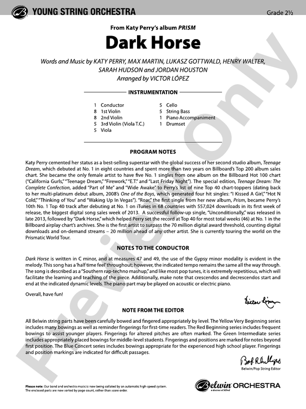 Dark Horse - String Orchestra Conductor Score & Parts (Digital Download)