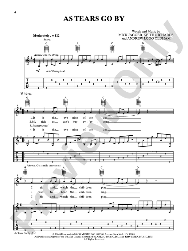 As Tears Go By - Interm./Easy Guitar TAB (Digital Download)
