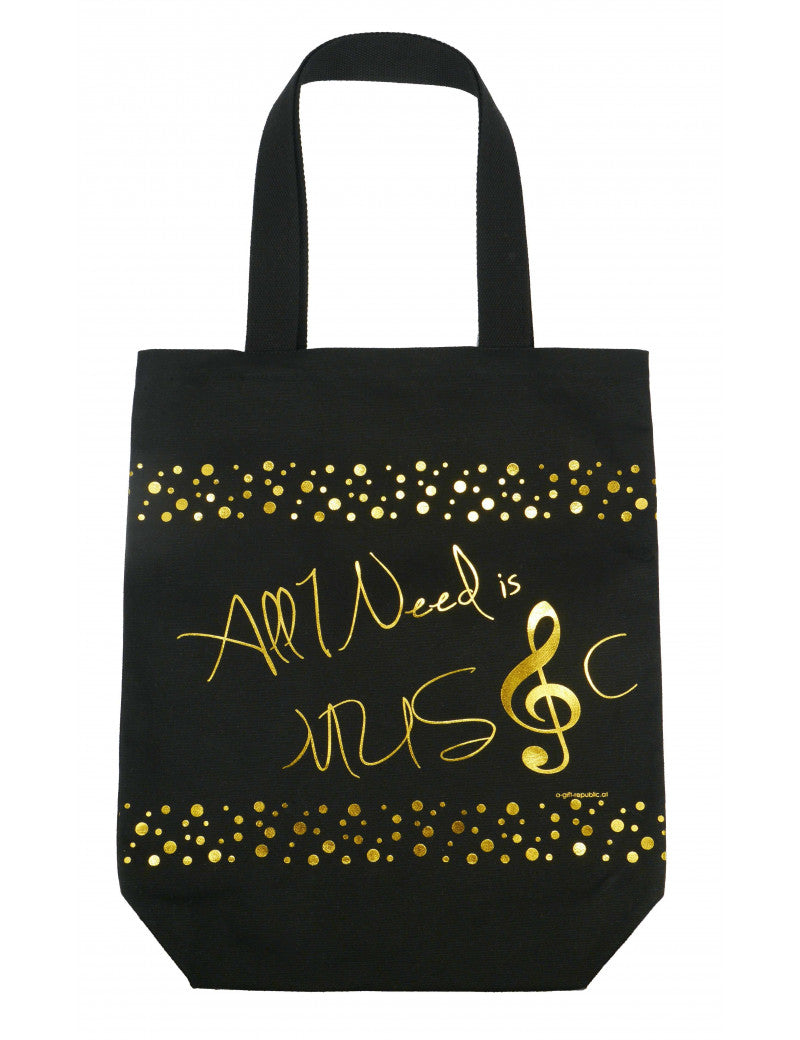 Canvas Tote or Music Bag Black with Gold Writing All I Need is Music