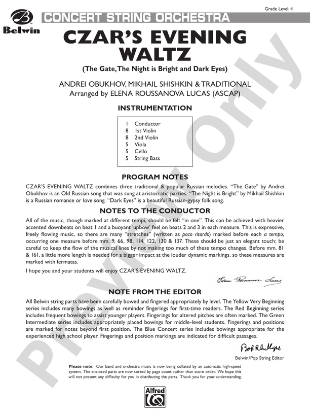 Czar's Evening Waltz – String Orchestra Conductor Score & Parts (Digital Download)
