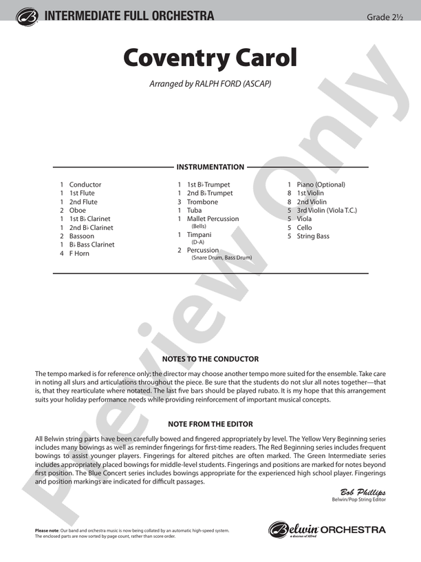 Coventry Carol – Full Orchestra Conductor Score & Parts (Digital Download)