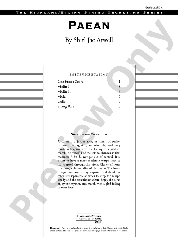 Paean – String Orchestra Conductor Score & Parts (Digital Download)