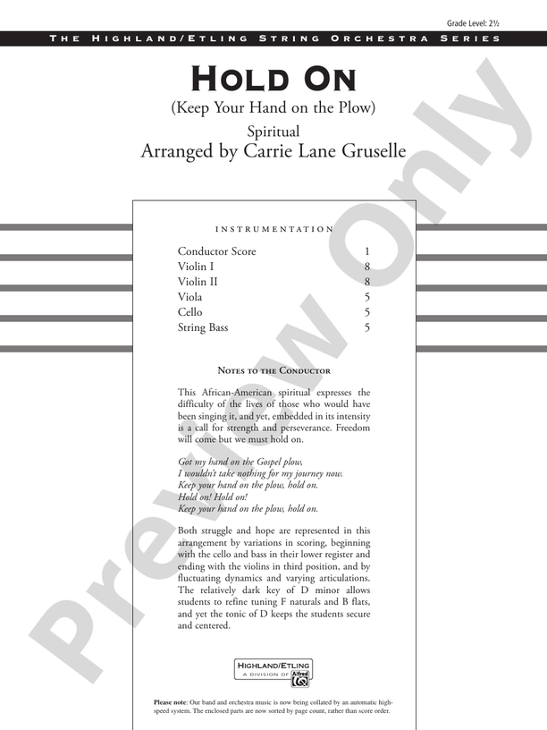 Hold On (Keep Your Hand on the Plow) – String Orchestra Conductor Score & Parts (Digital Download)