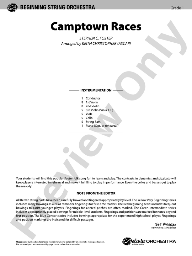 Camptown Races (Grade 1) – String Orchestra Conductor Score & Parts (Digital Download)