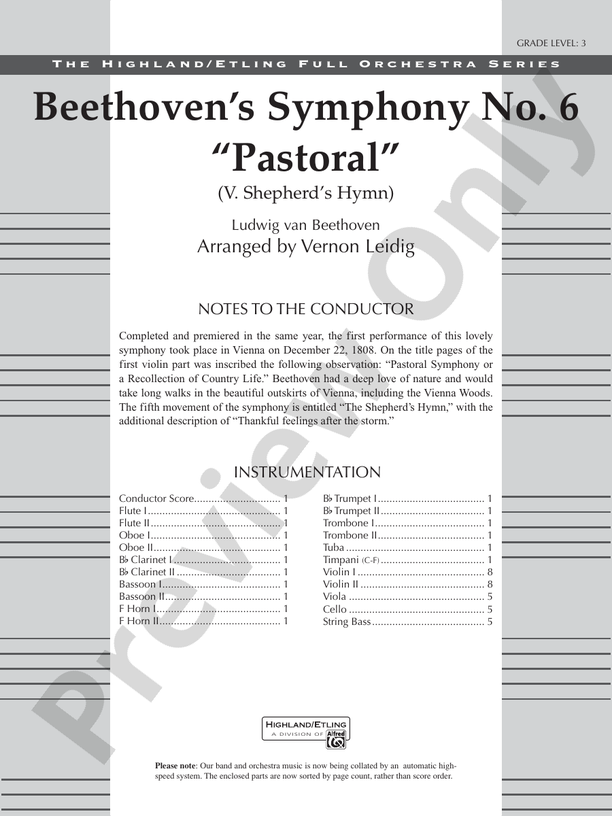 Beethoven's Symphony No. 6 "Pastoral" – Ful Orchestra Conductor Score & Parts (Digital Download)