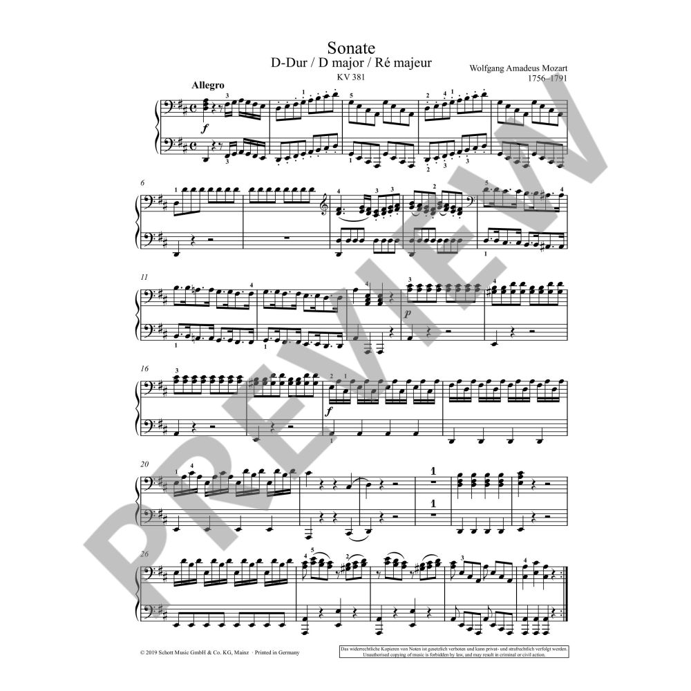Mozart - Sonata in DMaj K381 - 1 Piano/4 Hands Schott ED01015